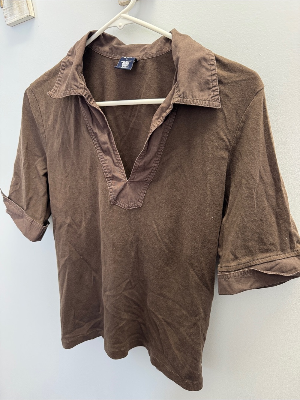 Vintage 90s GAP Blue Tag Chocolate Brown Cotton Collared V Neck Women’s Top